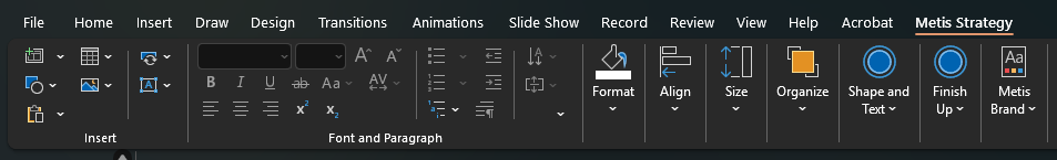 Metis Strategy PowerPoint Add-In ribbon interface